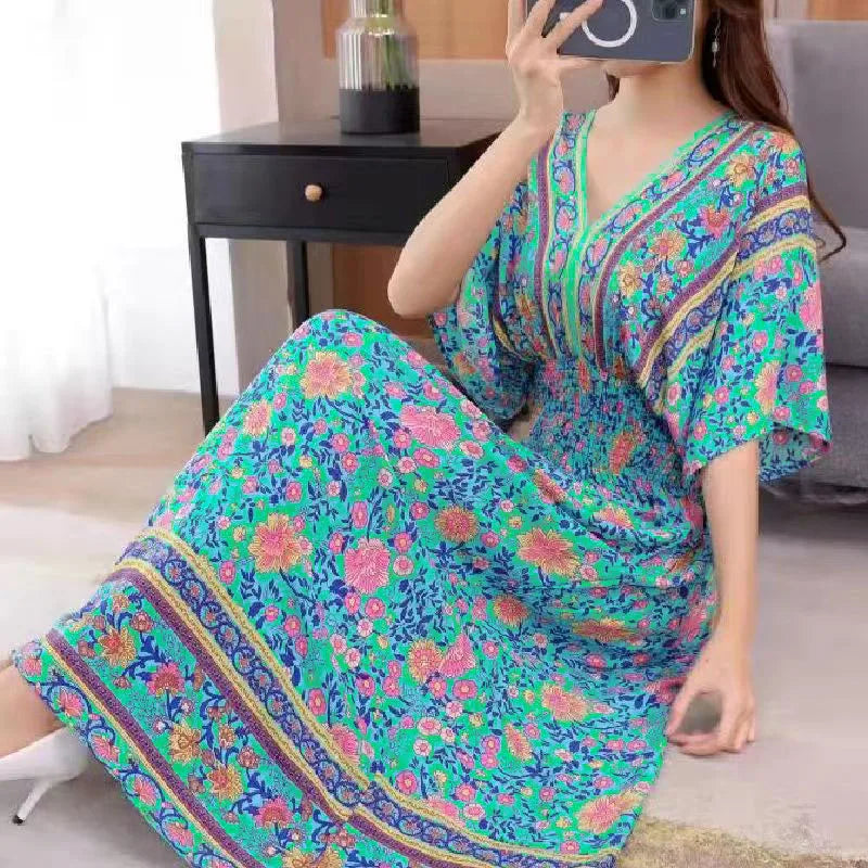 Vestido Longo Boho Estampado Decote V Dulcineia