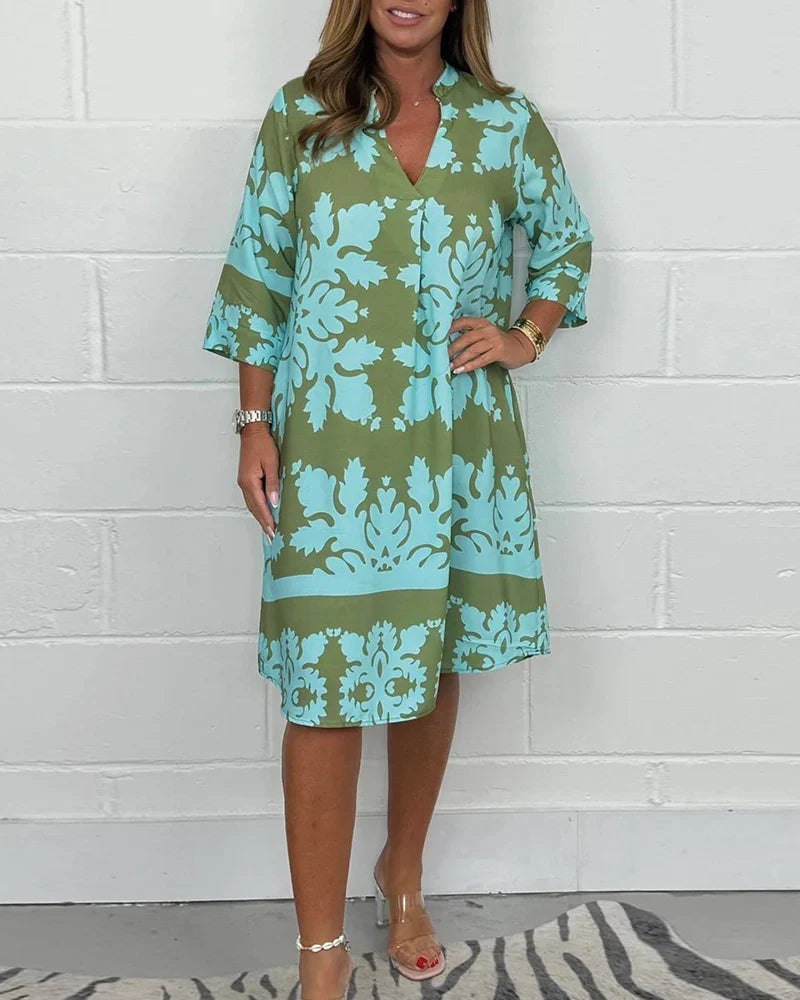 Vestido Midi com Gola V Estampado Fabienne