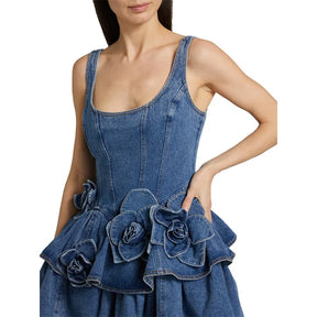Vestido Curto em Jeans com Flores 3d