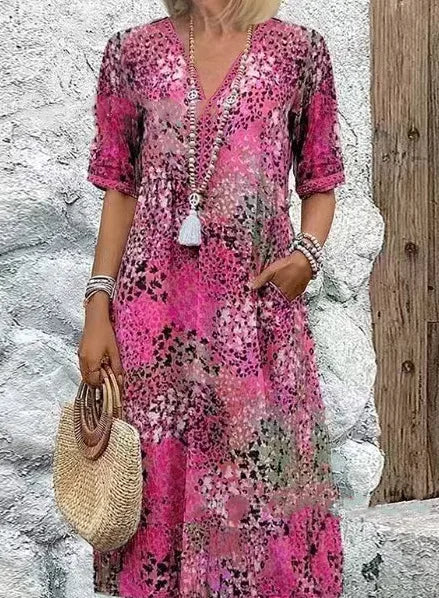 Vestido Midi Estampado com Renda Decote V Valquíria