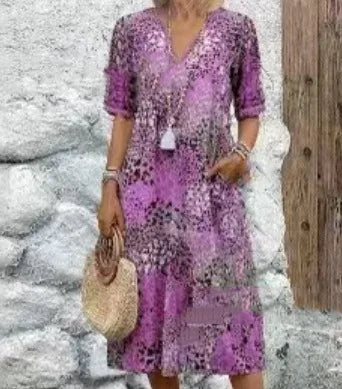 Vestido Midi Estampado com Renda Decote V Valquíria