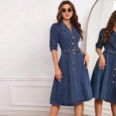 Vestido Midi Jeans com Manga Curta