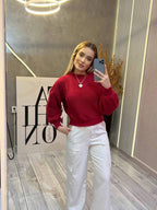 Suéter Cropped com Manga Bufante e Trama Texturizada – Seline