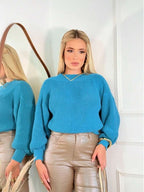 Suéter Cropped com Manga Bufante e Trama Texturizada – Seline