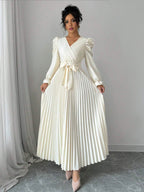 Vestido Branco Longo Elegante com Mangas Bufantes, Decote V e Amarração - Outono para Mulheres