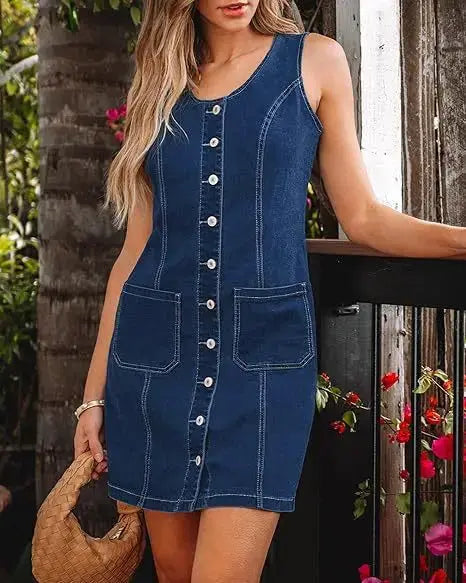 Vestido Curto Jeans Sem Manga