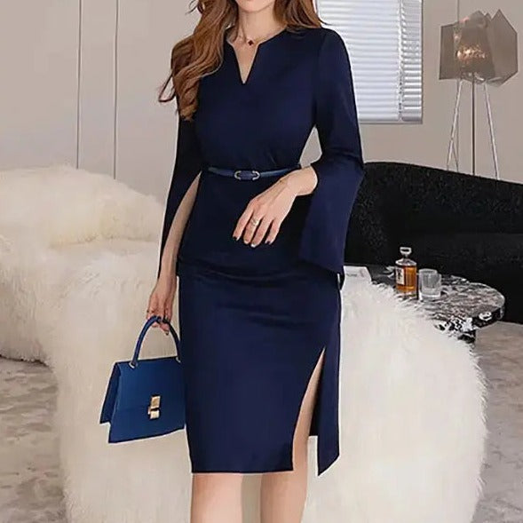Vestido Elegante Midi com Gola em V