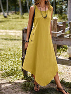 Vestido Longo de Linho Assimétrico com Botões