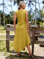 Vestido Longo de Linho Assimétrico com Botões