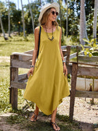 Vestido Longo de Linho Assimétrico com Botões