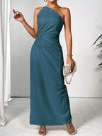 Vestido Longo Azul Assimétrico com Design de Pregas