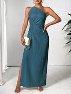 Vestido Longo Azul Assimétrico com Design de Pregas