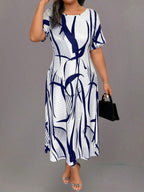 Vestido Longo Casual Plus Size com Estampa Geométrica e Listrada