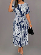 Vestido Longo Casual Plus Size com Estampa Geométrica e Listrada