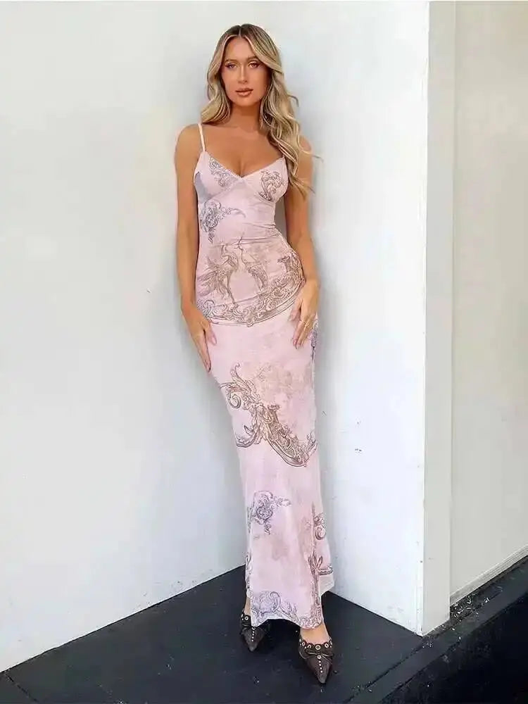 Vestido Longo Estampado com Alça Espaguete Eliane