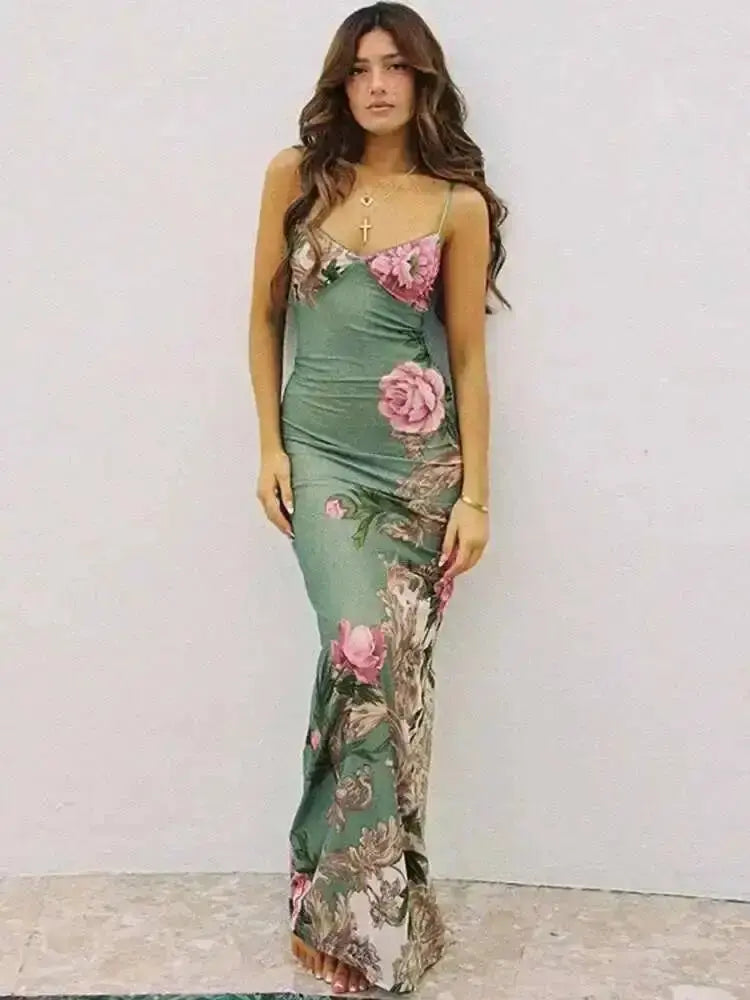Vestido Longo Estampado com Alça Espaguete Eliane