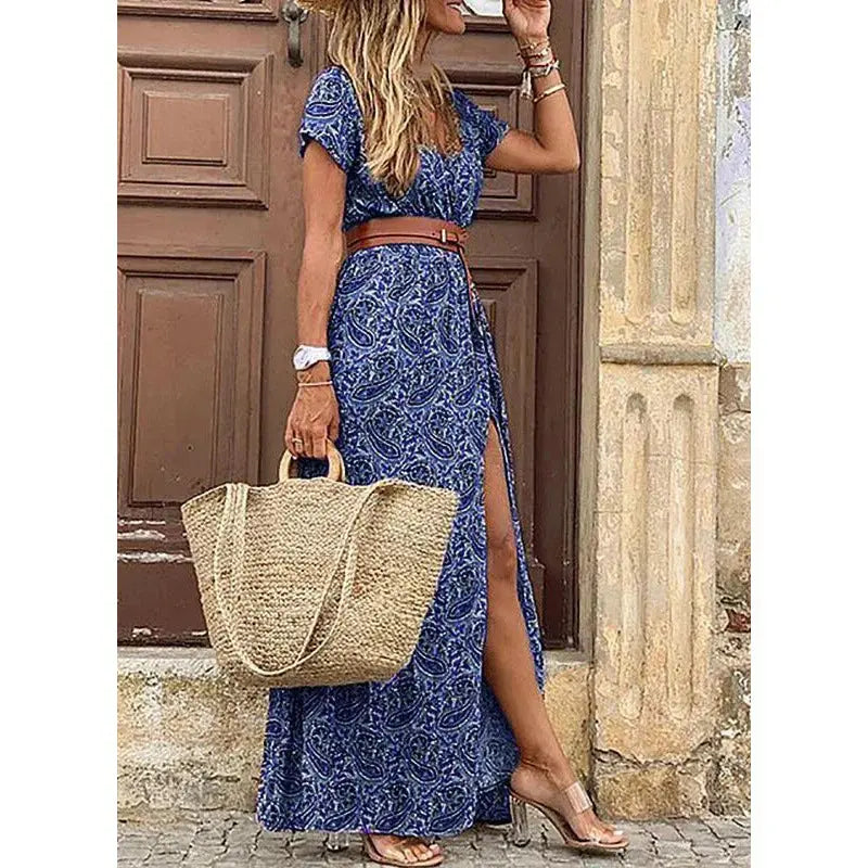 Vestido Longo Estampado com Cinto