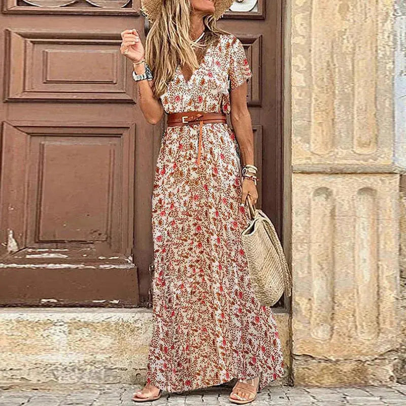 Vestido Longo Estampado com Cinto