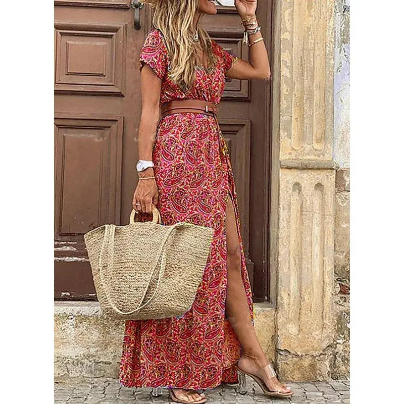 Vestido Longo Estampado com Cinto