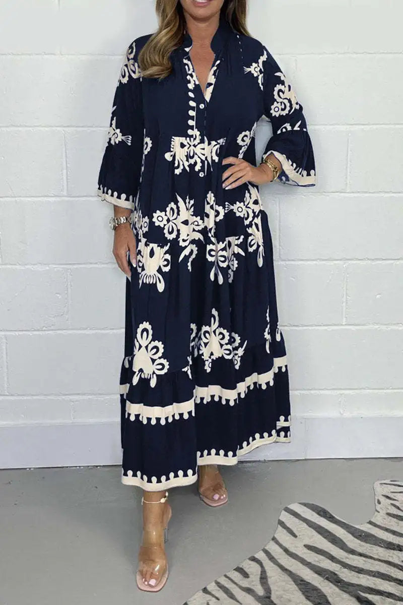 Vestido Longo Estampado de Manga Três Quartos