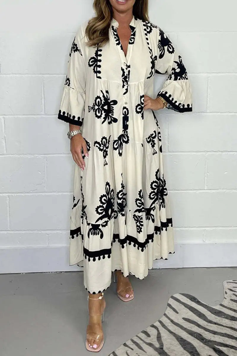 Vestido Longo Estampado de Manga Três Quartos