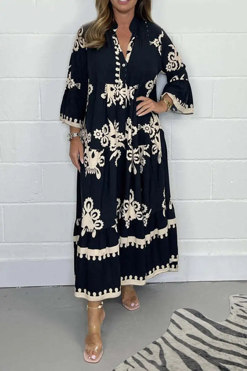 Vestido Longo Estampado de Manga Três Quartos