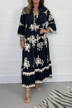 Vestido Longo Estampado de Manga Três Quartos