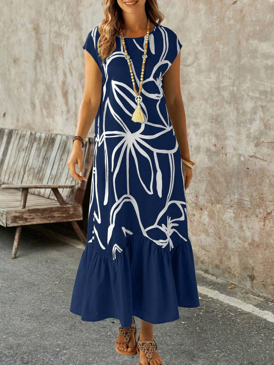 Vestido Longo com Babados e Manga Morcego - Carolina