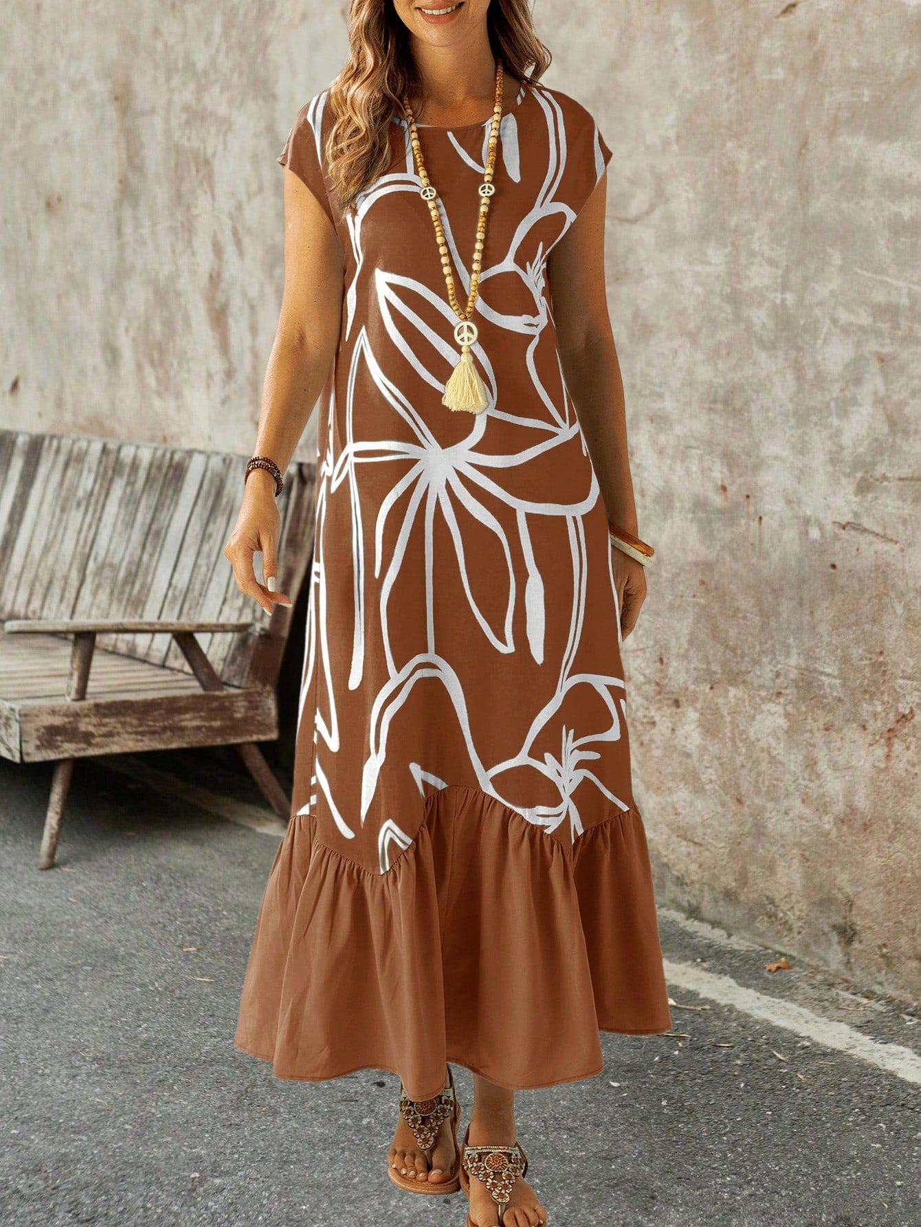 Vestido Longo com Babados e Manga Morcego - Carolina