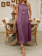 Vestido Longo com Gola Redonda e Bolsos - Mariana