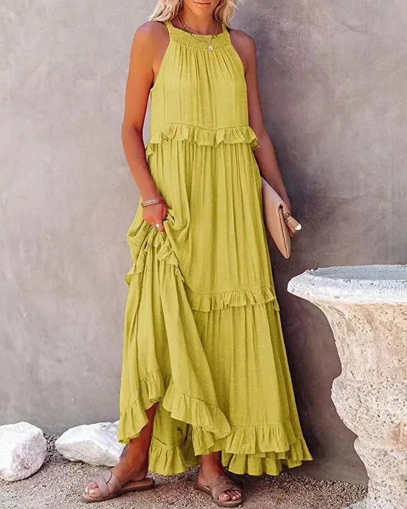 Vestido Longo Plissado Sem Mangas