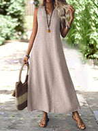 Vestido Longo de Linho com Decote V - Gabriela
