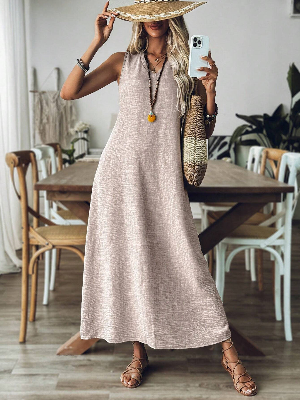 Vestido Longo de Linho com Decote V - Gabriela