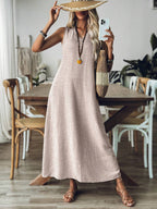 Vestido Longo de Linho com Decote V - Gabriela
