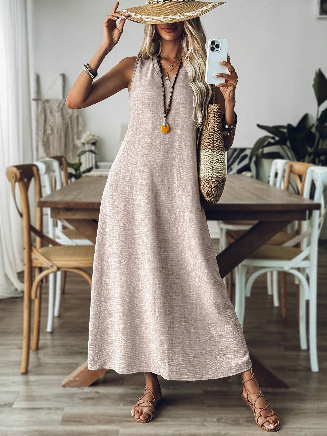 Vestido Longo de Linho com Decote V - Gabriela