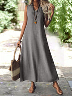 Vestido Longo de Linho com Decote V - Gabriela
