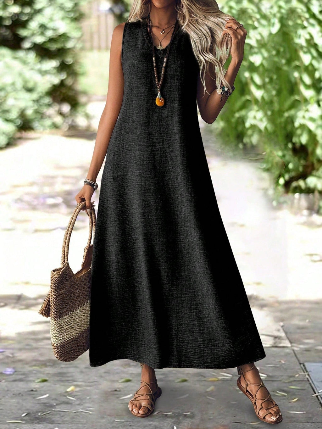 Vestido Longo de Linho com Decote V - Gabriela