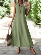 Vestido Longo de Linho com Decote V - Gabriela