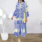 Vestido Longo e Solto, Vintage Geométrico Decote em V - Alícia