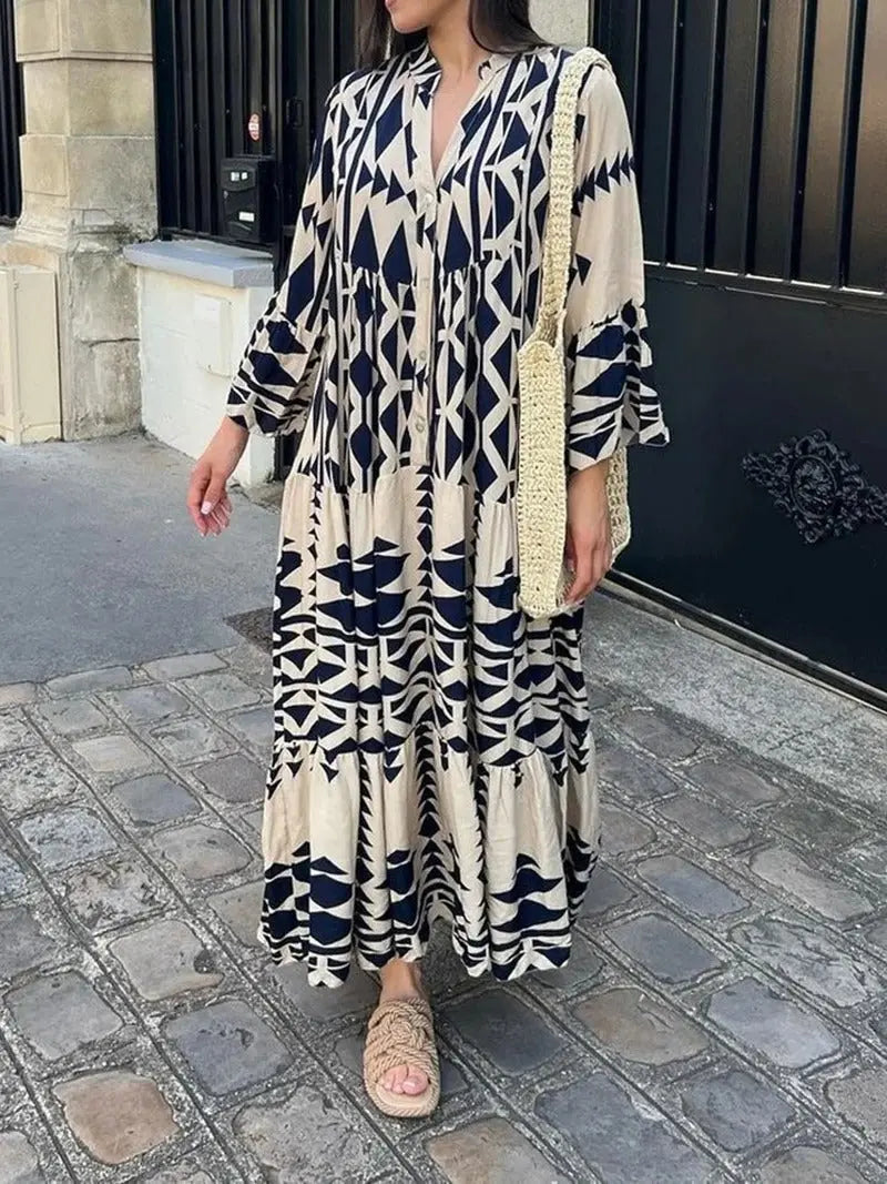 Vestido Longo e Solto, Vintage Geométrico Decote em V - Alícia