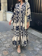 Vestido Longo e Solto, Vintage Geométrico Decote em V - Alícia