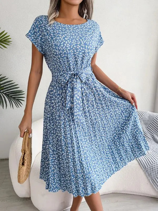 Vestido Manga Curta Plissado Aline - Azul-do-céu-XXG - HumArraso