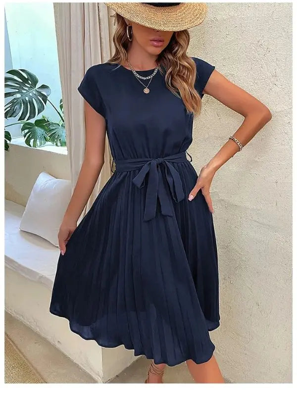 Vestido Manga Curta Plissado Aline - Azul-marinho-XXG - HumArraso