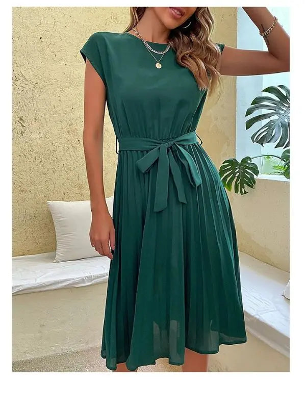 Vestido Manga Curta Plissado Aline - Verde-XXG - HumArraso