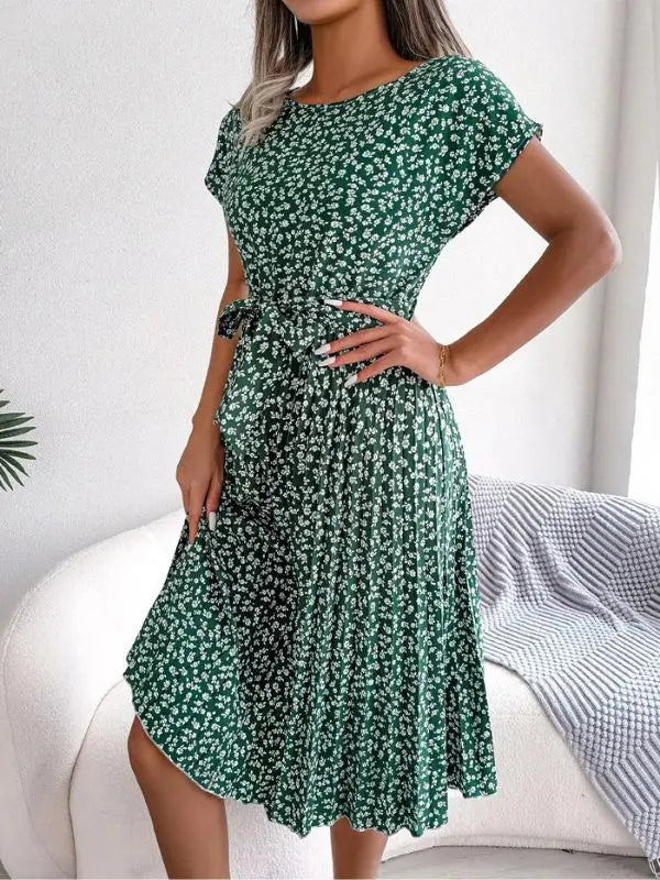 Vestido Manga Curta Plissado Aline - Verde-estampado-XXG - HumArraso