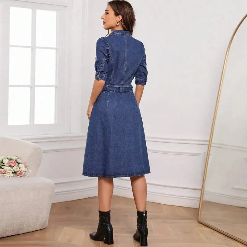 Vestido Midi Jeans com Manga Curta
