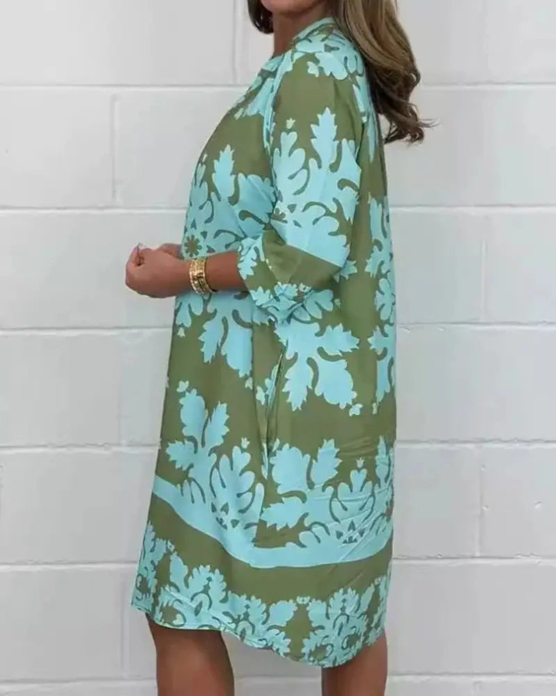 Vestido Midi com Gola V Estampado Fabienne