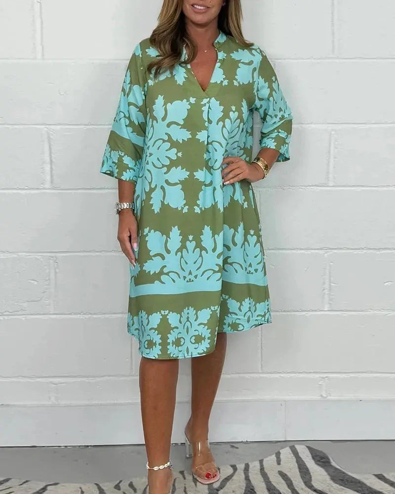 Vestido Midi com Gola V Estampado Fabienne