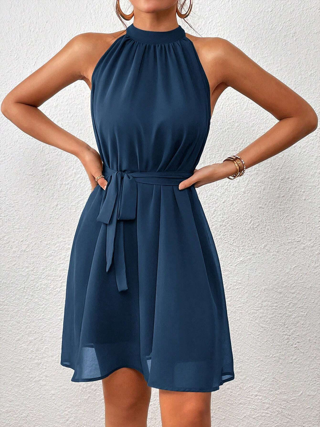 Vestido Mini Frente-Única com Cinto - Azul Casual Feminino