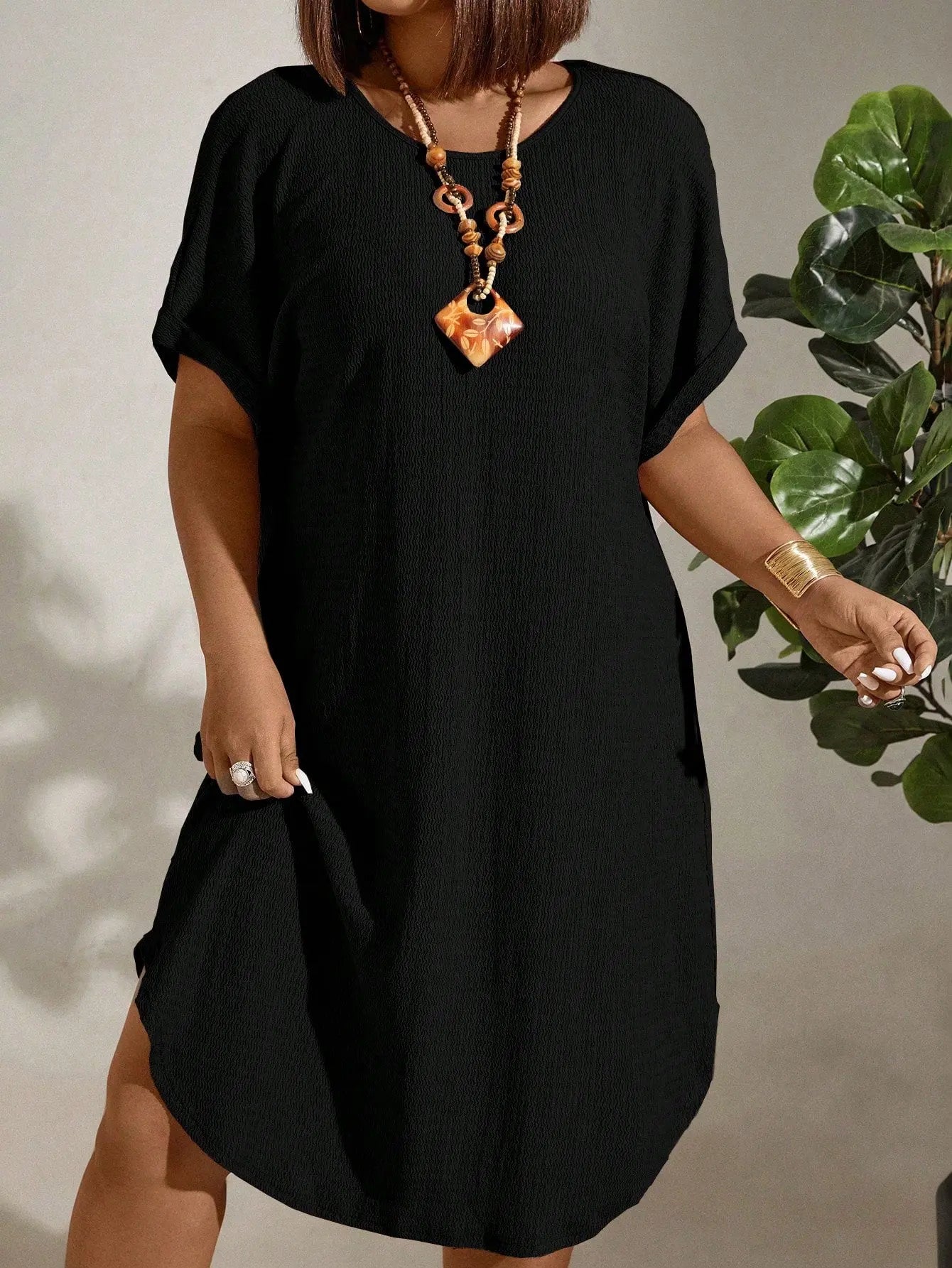 Vestido de Linho Plus Size Manga Morcego